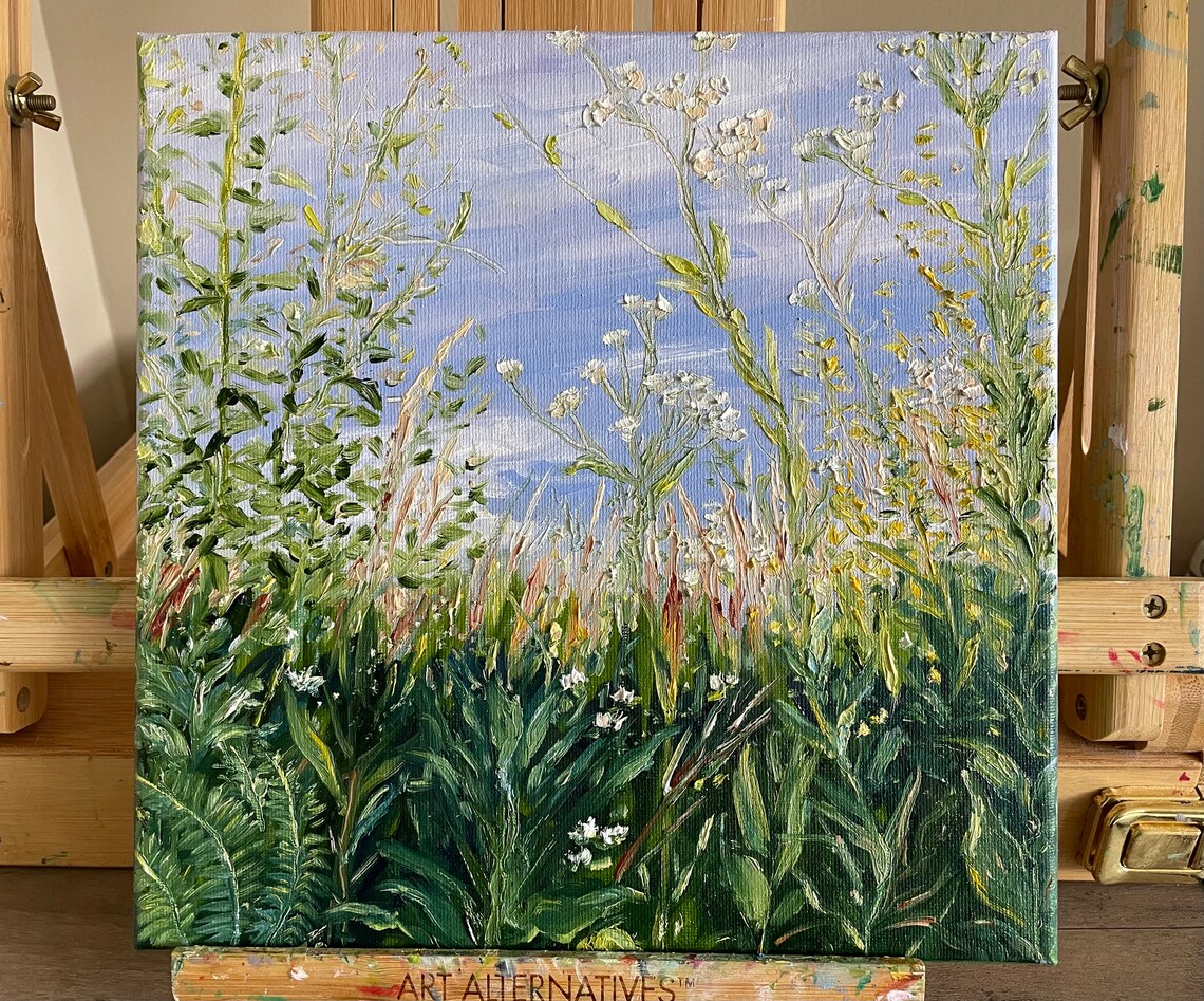 Lush Wild Grasses Flowers Blue Sky Summer Meadow Oil Painting Wall Art - Image 4