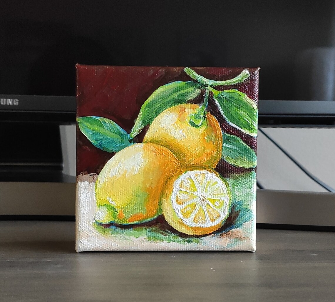Fresh Lemon Citrus Fruit Still Life Original Oil Painting Kitchen Wall Art - Image 4