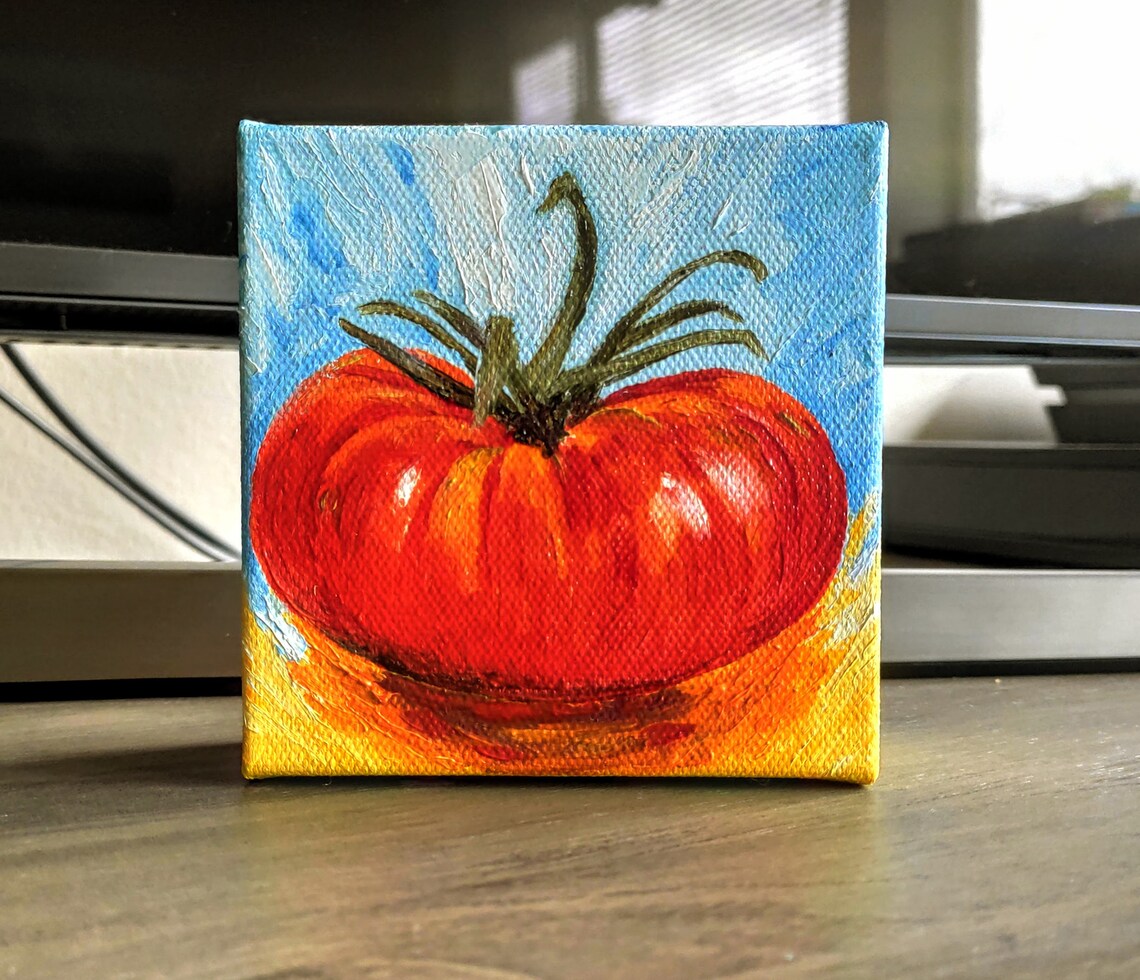 Juicy Red Tomato Blue Yellow Background Tiny Oil Painting Poster - Image 3