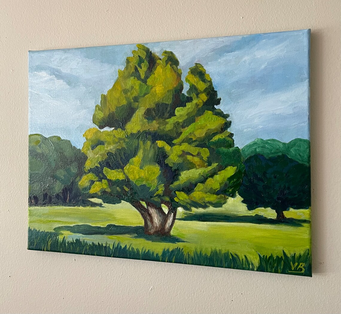 Sunlit Oak Tree Green Meadow Park Summer Landscape Oil Painting Art - Image 2