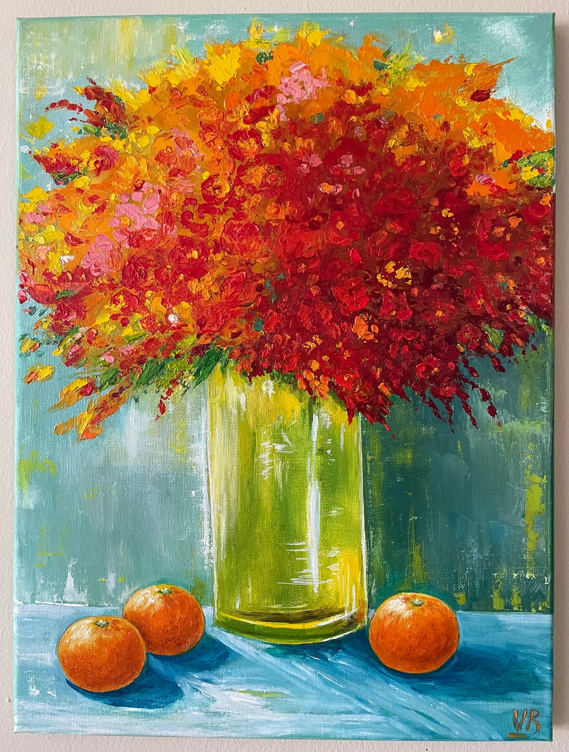 Wildflowers In A Vase Original Handmade Oil Painting On Red Orange Yellow Abstract Wildflowers Painting Mandarins Painting Gift - Image 3