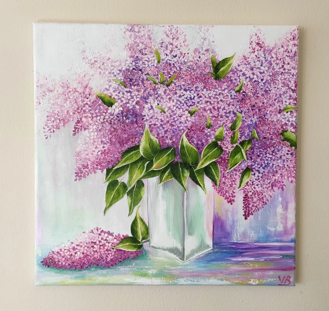Purple Lilac Blossoms Glass Vase Floral Oil Painting Wall Art Poster - Image 4