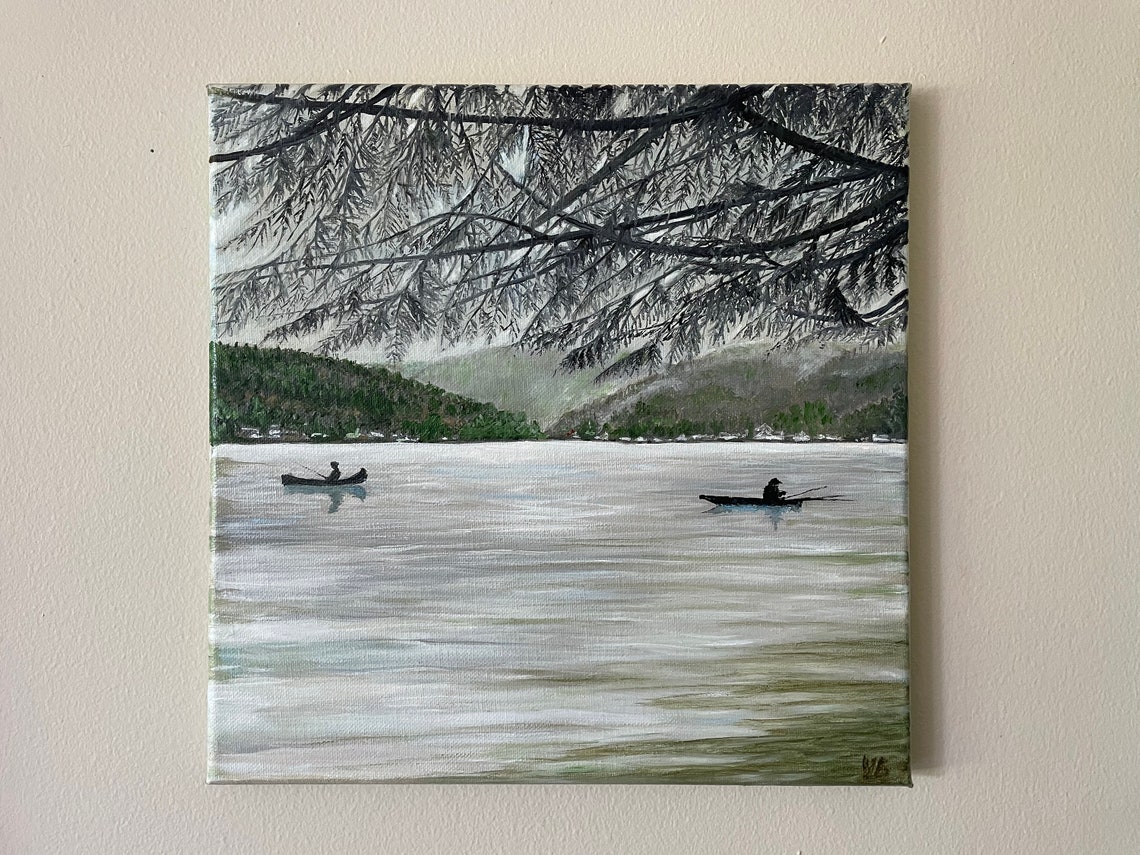 Fishing On Lake Samish Wa State Original Handmade Oil Painting On Lake Landscape Painting Fishermen On The Lake One Of A Kind - Image 3