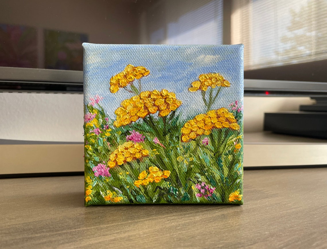 Golden Tansy Wildflowers Blue Sky Meadow Tiny Oil Painting Poster - Image 4