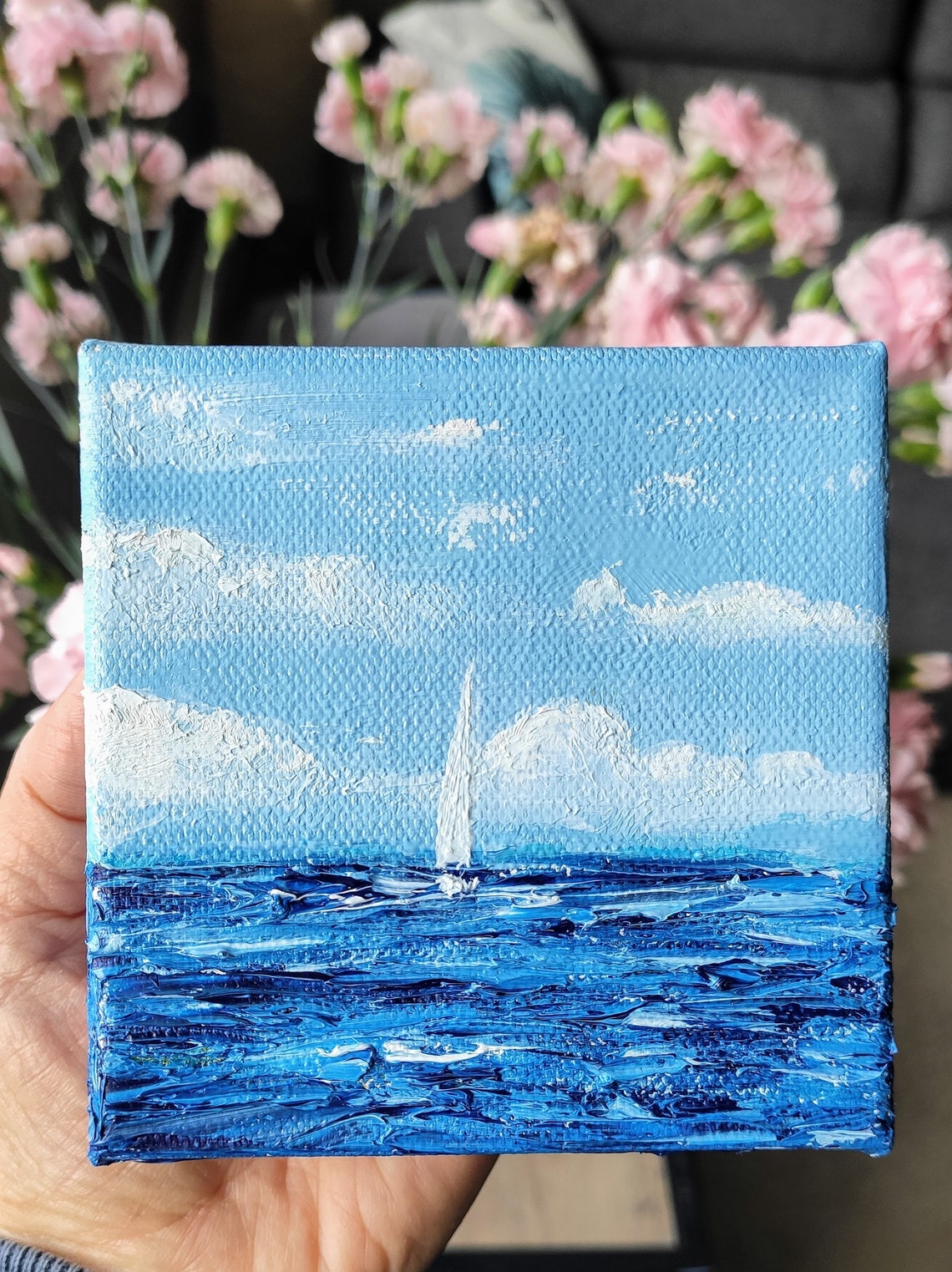 White Sailboat Sailing On Bright Blue Sea White Clouds Summer Poster - Image 2