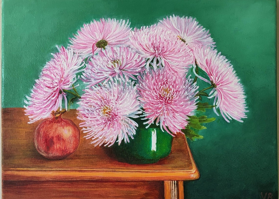 Pink Chrysanthemums In Green Vase Wooden Table Still Life Poster - Image 3