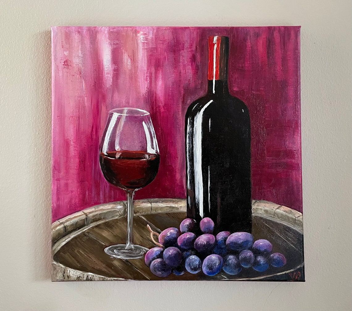 Bottle And Glass Of Red Wine Original Handmade Oil Painting On Bunch Of Grapes Barrel Of Wine Painting One Of A Kind Gift - Image 3