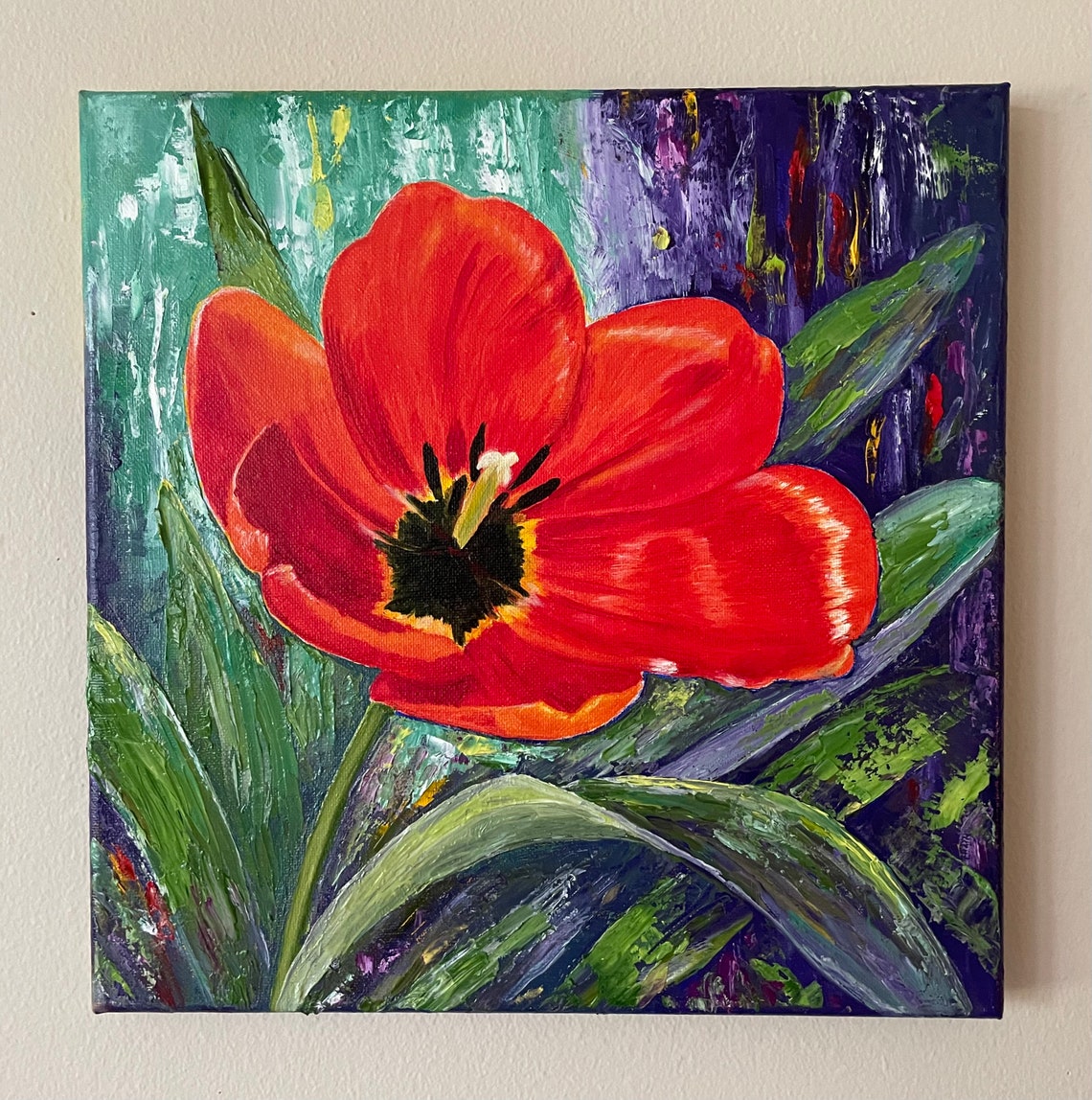Red Orange Tulip Blossom Garden Bold Floral Oil Painting Wall Art