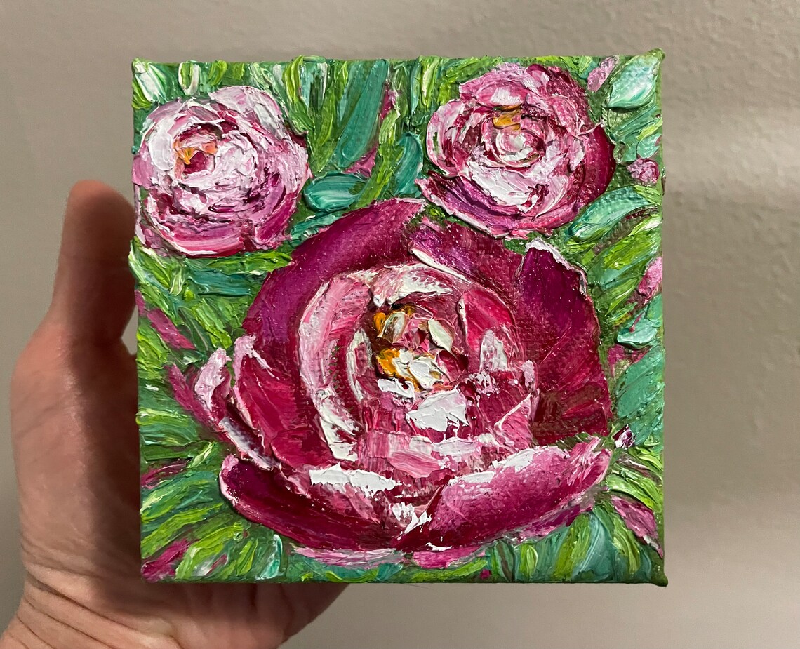Pink Peony Bloom Trio Impasto Palette Knife Floral Oil Painting Art