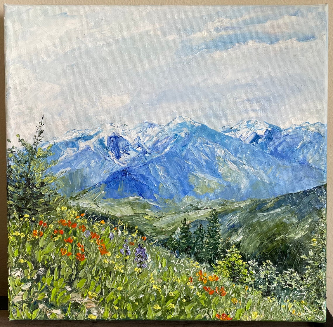 Snowy Blue Mountains Wildflower Meadow Alpine Landscape Oil Wall Art - Image 4