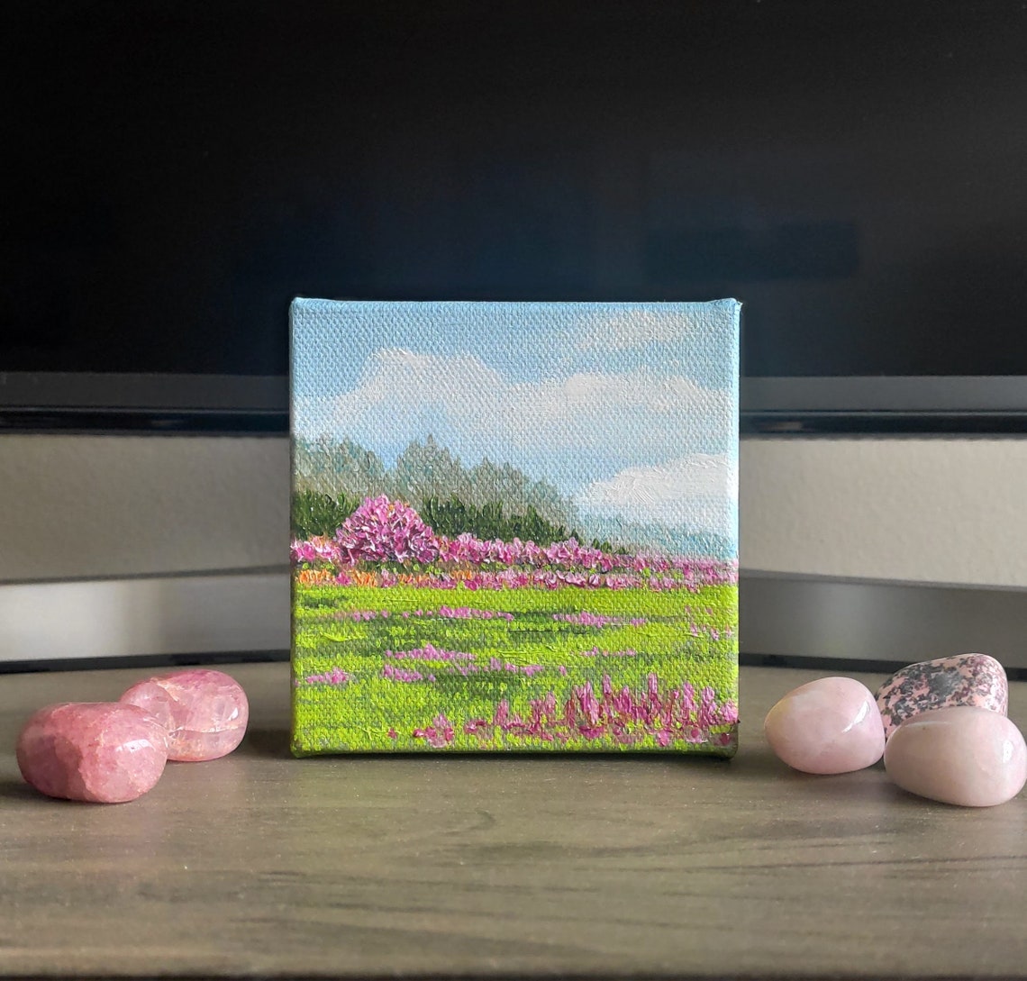 Pink Wildflower Field Spring Mini Canvas Meadow Landscape Painting Art