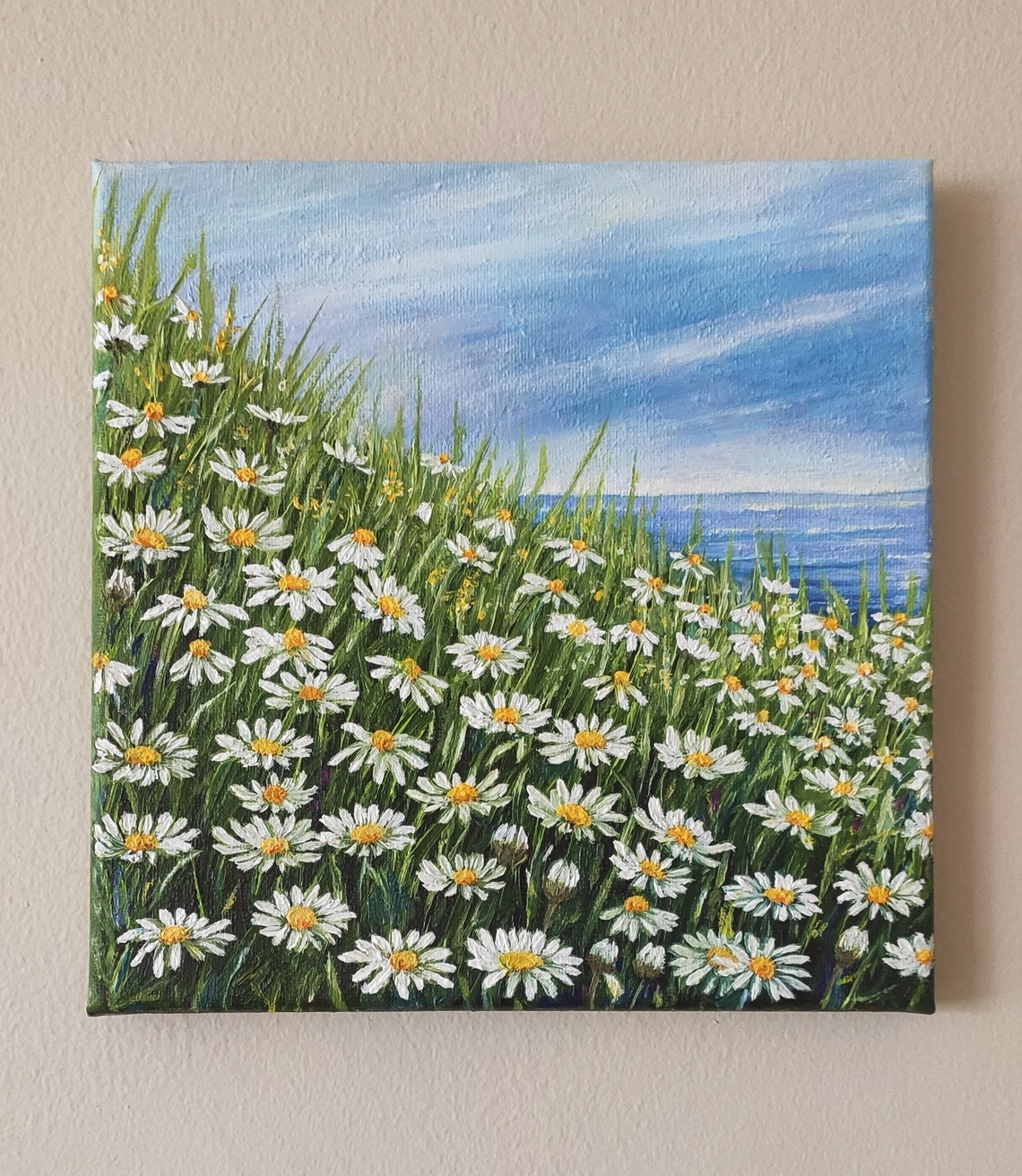 White Daisies Field By The Sea Blue Sky Original Oil Painting Wall Art
