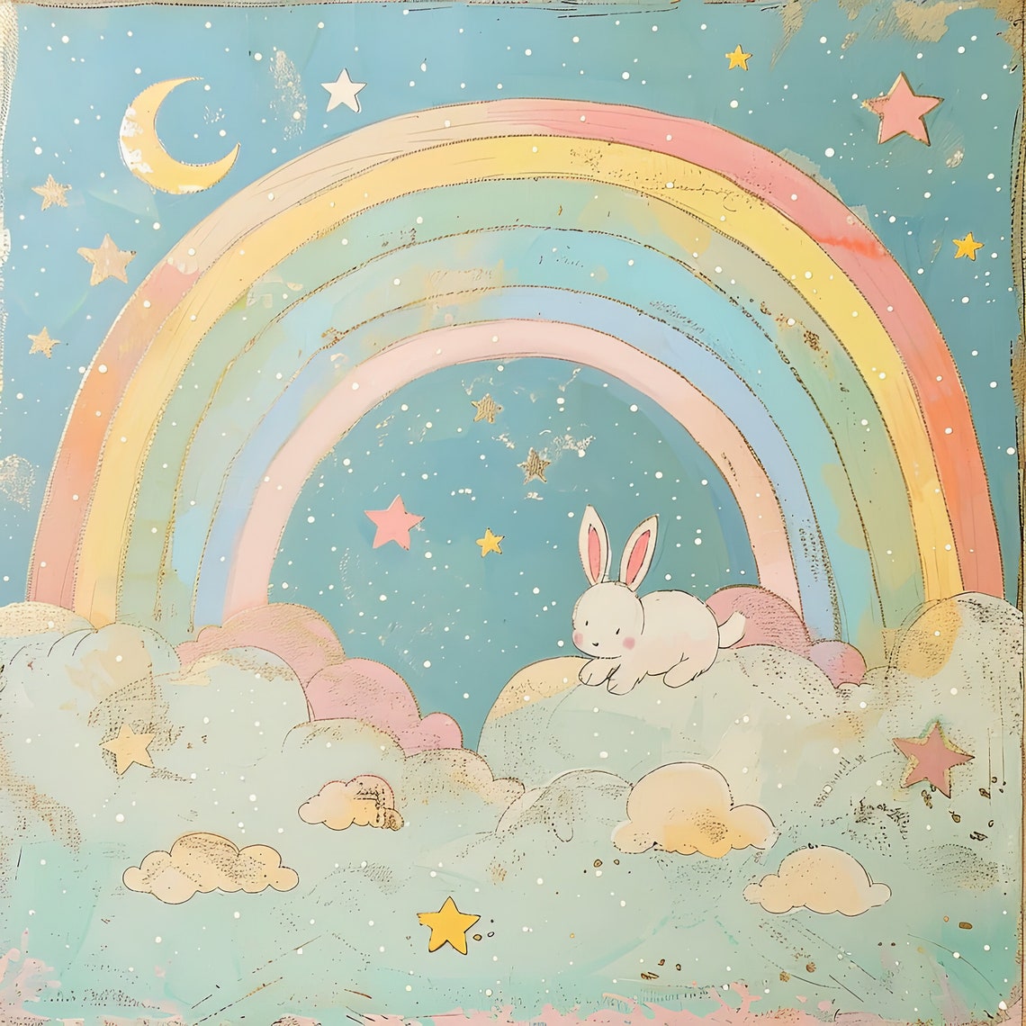 Dreamy Bunny Sleeping Under Pastel Rainbow Nursery Decor Poster - Image 3