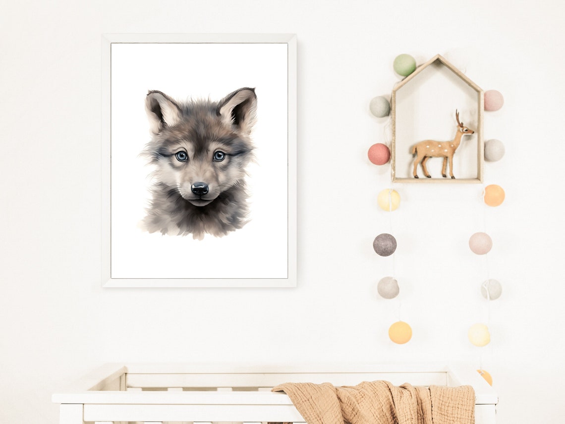 Cute Baby Wolf Pup Watercolor Portrait Nursery Woodland Poster - Image 2