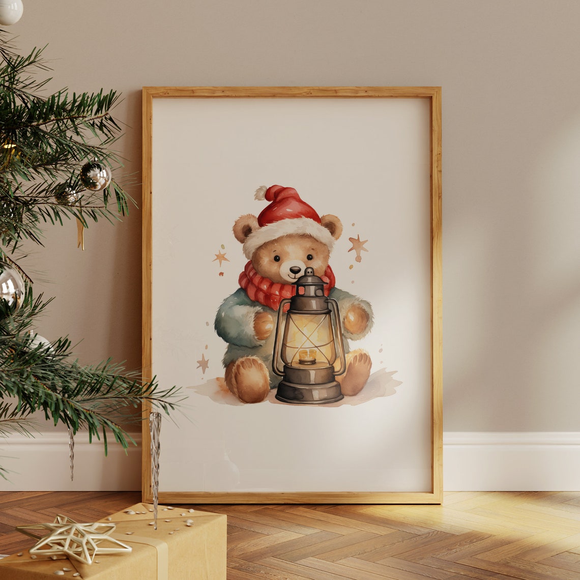 Cozy Christmas Teddy Bear with Glowing Lantern Winter Night Poster