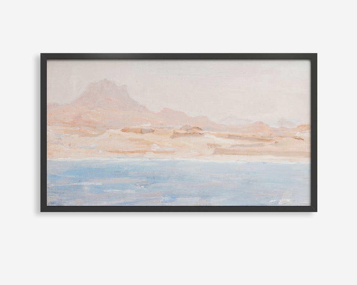 Coastal Mountains Watercolor Poster Pink Cliffs Blue Sea Art