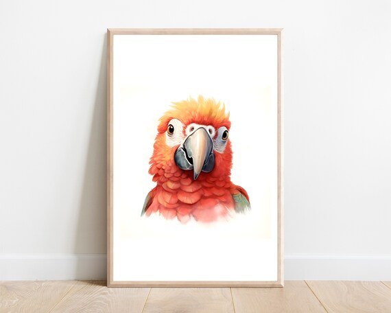 Scarlet Macaw Parrot Watercolor Close Up Tropical Nursery Print