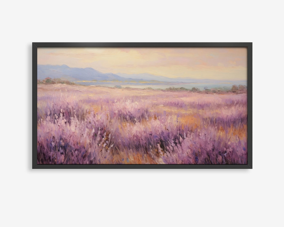 Lavender Field Sunset Watercolor Poster Purple Bloom Mountain Art
