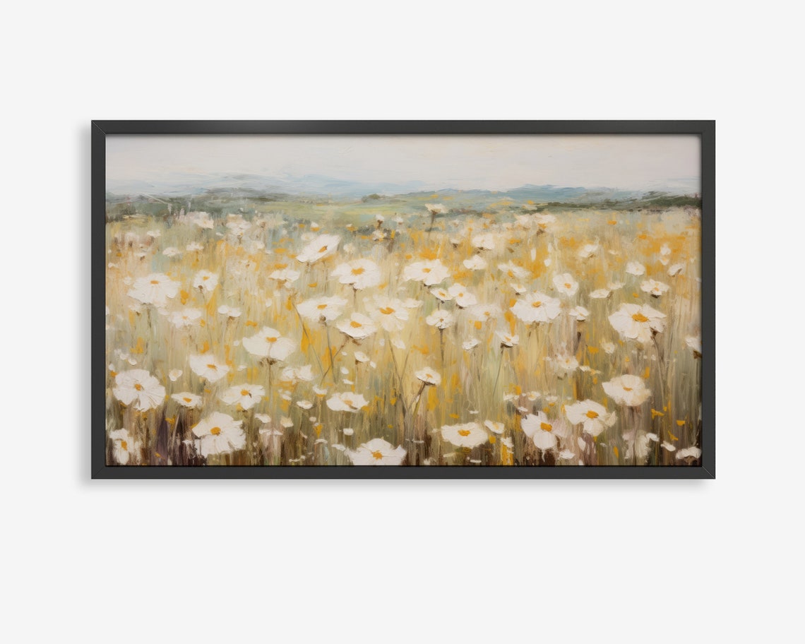 White Daisy Wildflower Field Impressionist Frame TV Art Poster