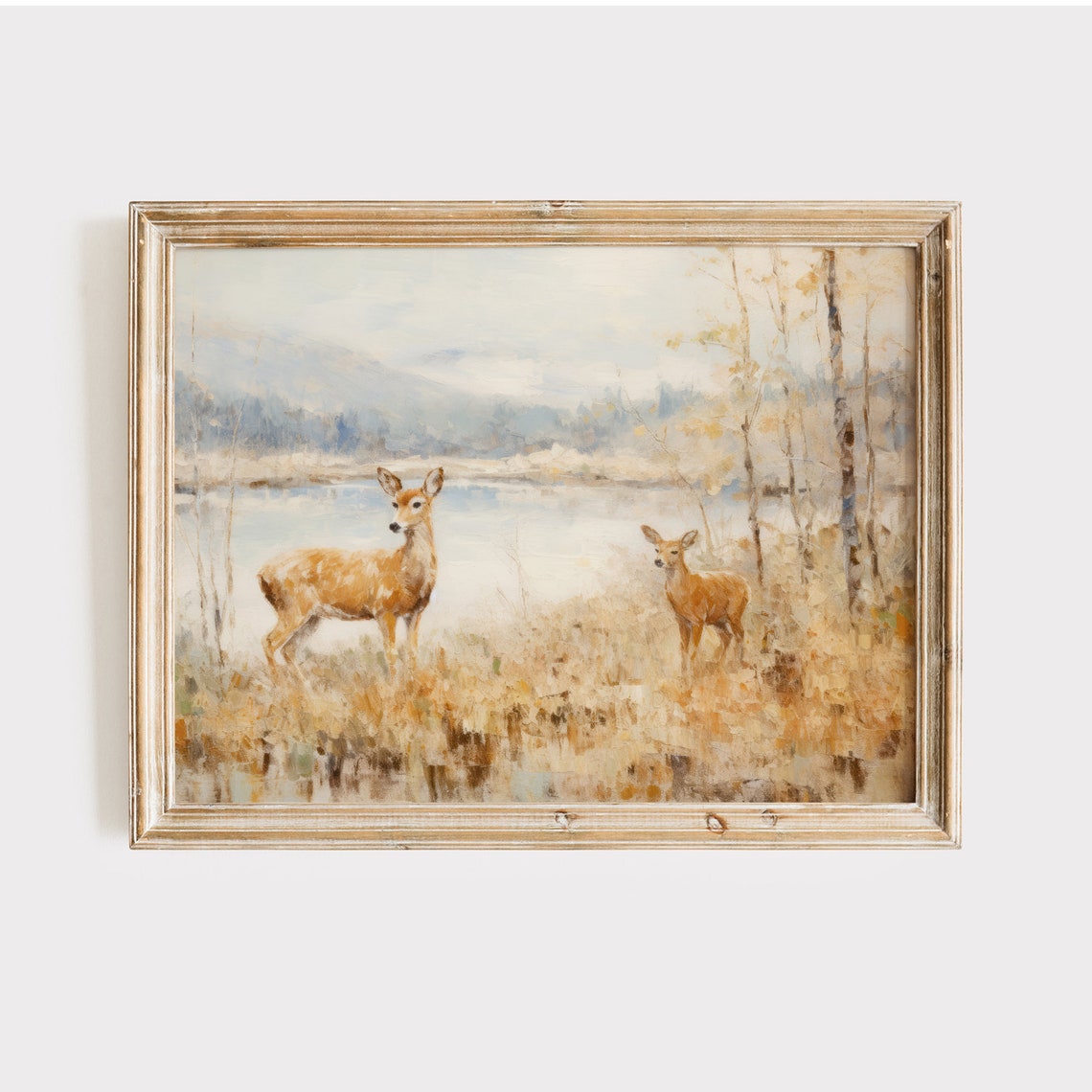 Two Deer by Autumn Lake Impressionist Wildlife Painting Poster