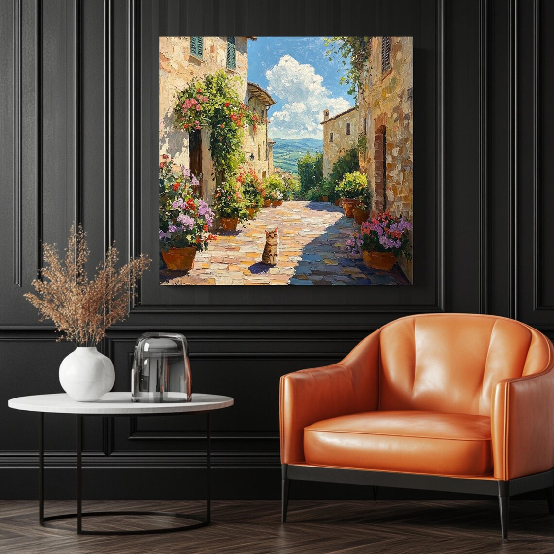 Floral European Street, Mediterranean Street Scene Art - Image 3