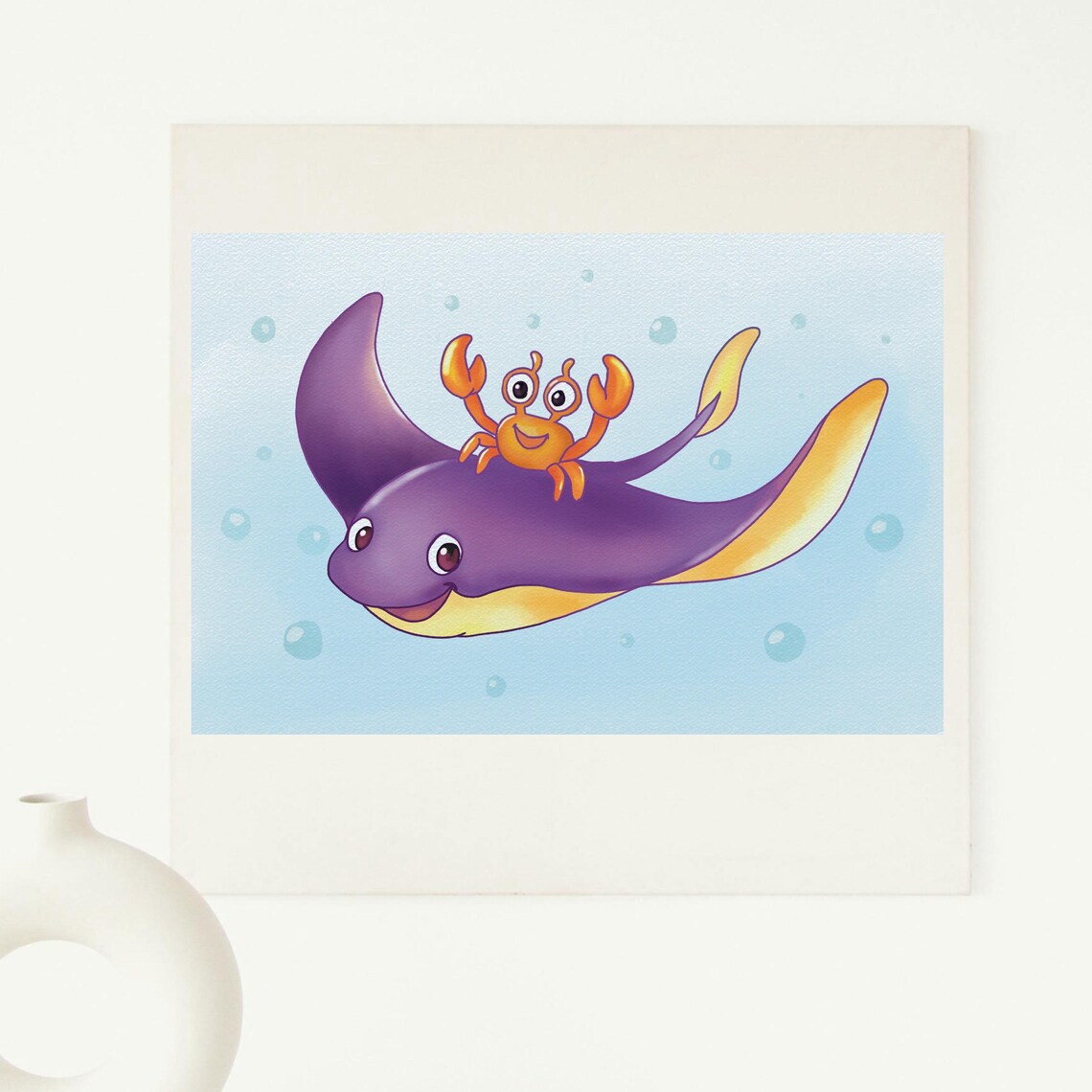Cute Crab And Ray Fish Art Ocean Friends Illustration Underwater Animal Wall Decor - Image 3