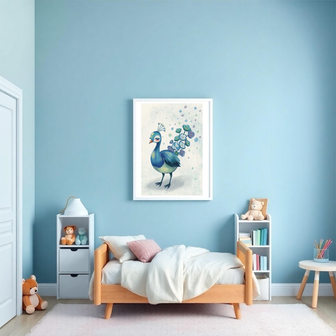 Blue Peacock With Floral Tail Feathers Watercolor Bird Art Poster - Image 2