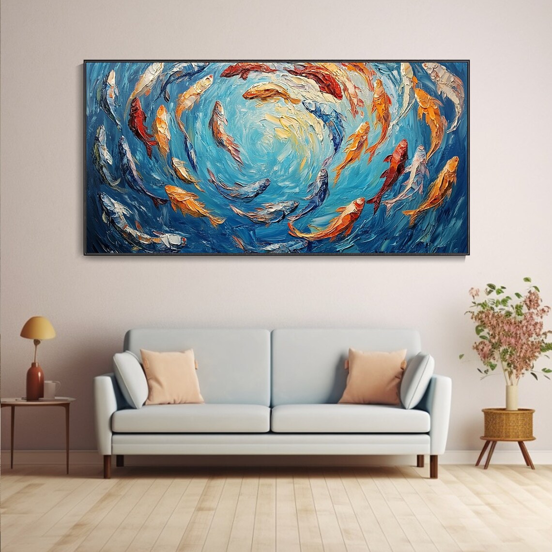 Swirling School of Colorful Koi Fish Blue Water Textured Art Poster - Image 3
