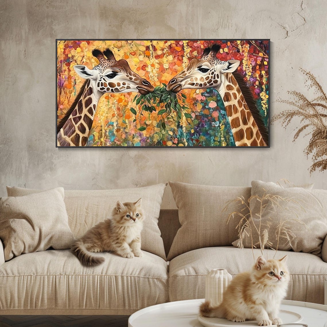 Two Giraffes Sharing Leaves Colorful Floral Wildlife Impasto Poster - Image 4