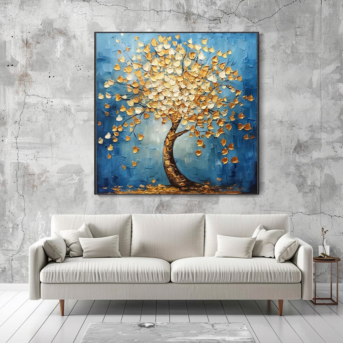 Golden Tree with Gilded Leaves Blue Background Textured Art Poster - Image 2