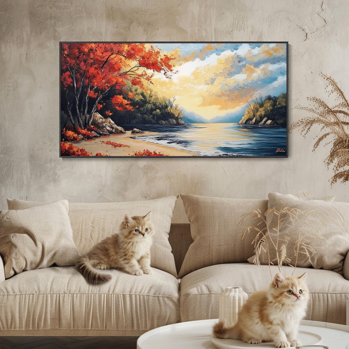 Autumn Maple Trees On Lakeshore Sunrise Red Foliage Impasto Poster - Image 3