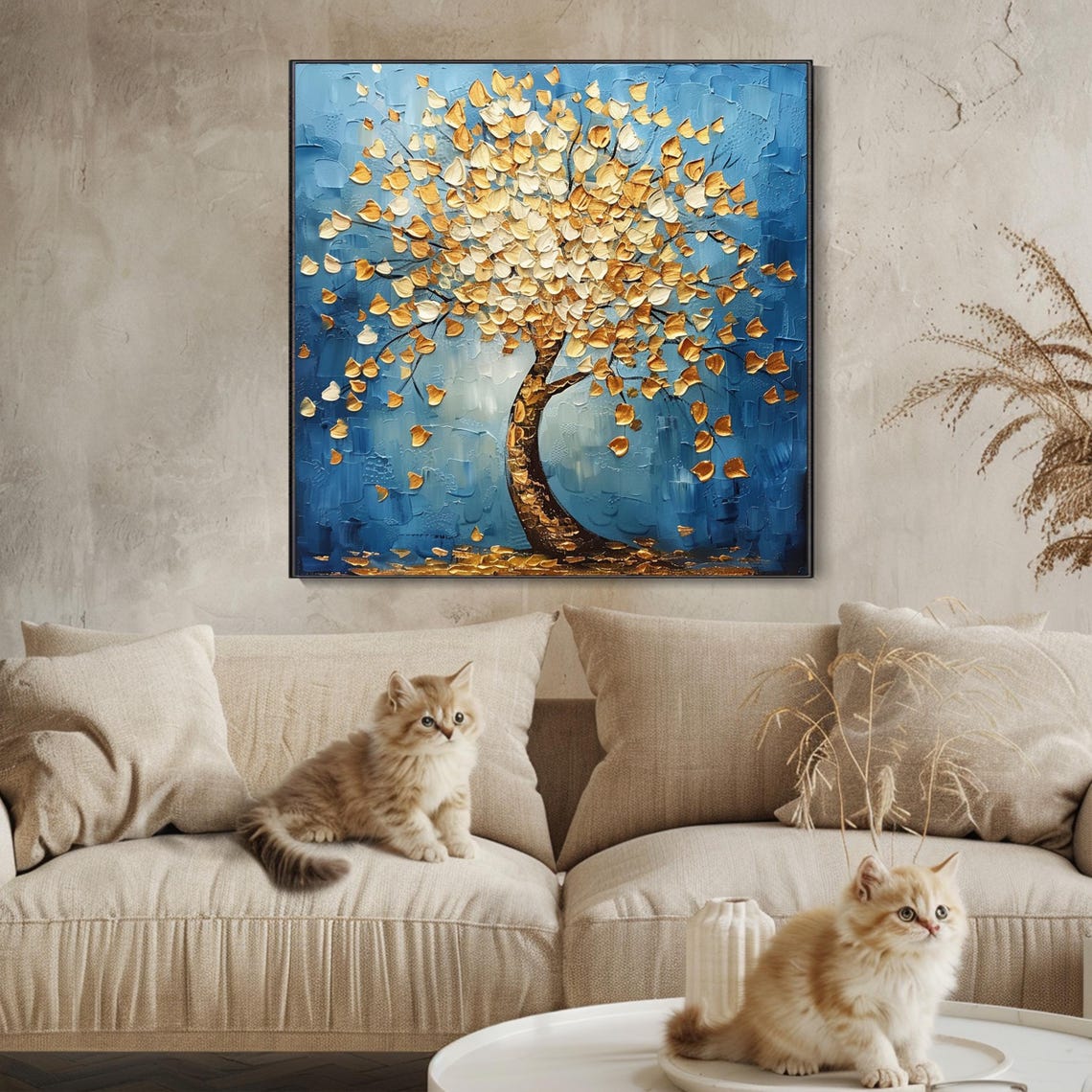 Golden Tree with Gilded Leaves Blue Background Textured Art Poster - Image 4