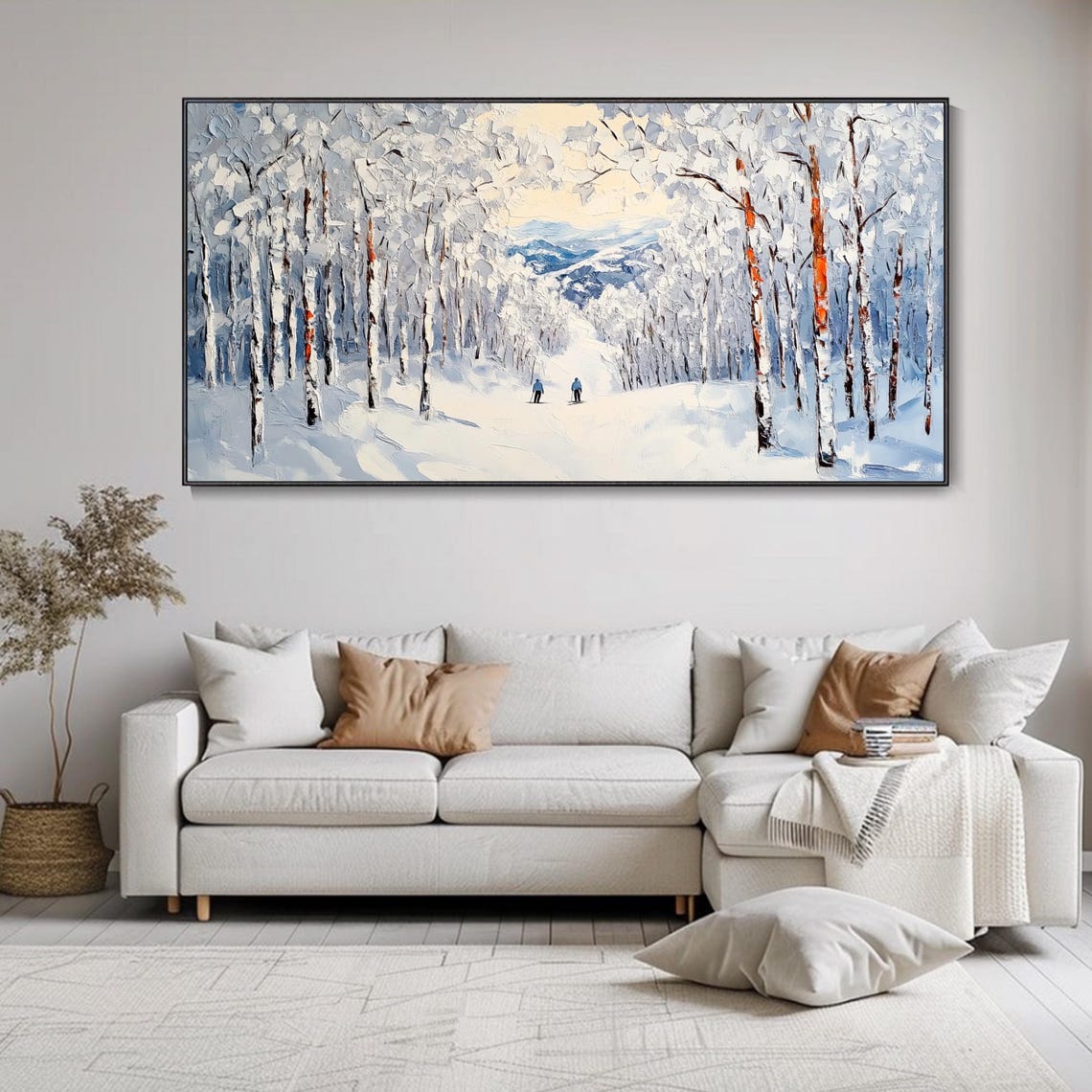 Winter Birch Forest Path Two Figures Snowy Impasto Landscape Poster - Image 2