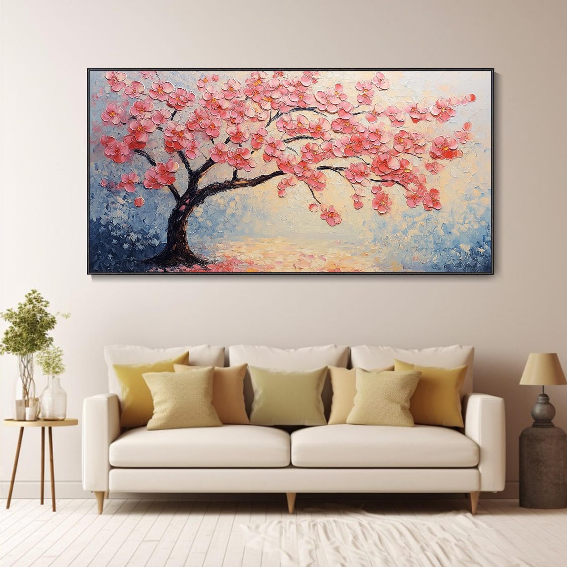 Pink Blossom Tree Horizontal Panoramic Cherry Painting Poster - Image 5