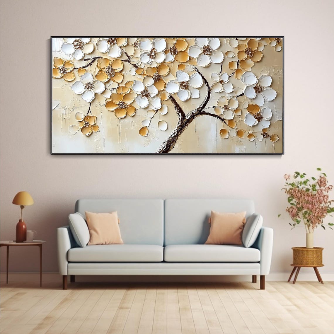Gold And White Blossom Tree Textured Floral Painting Wide Wall Poster - Image 4