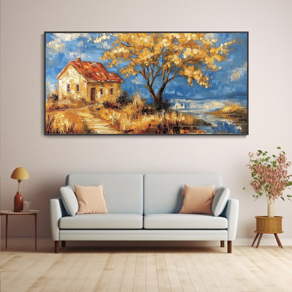 Rustic Cottage by Lake Golden Autumn Tree Textured Landscape Poster - Image 4