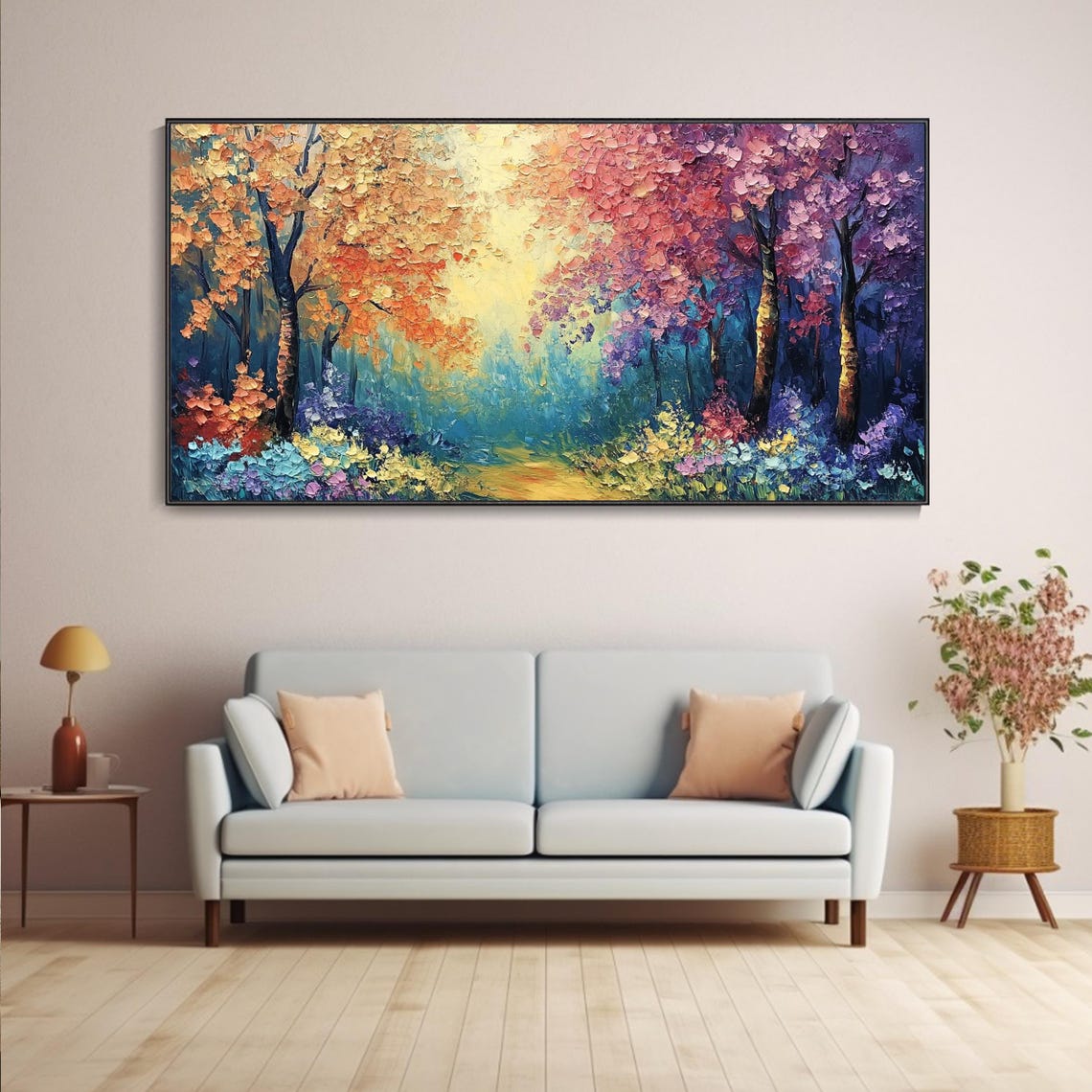Colorful Four Season Forest Path Textured Oil Painting Poster - Image 4