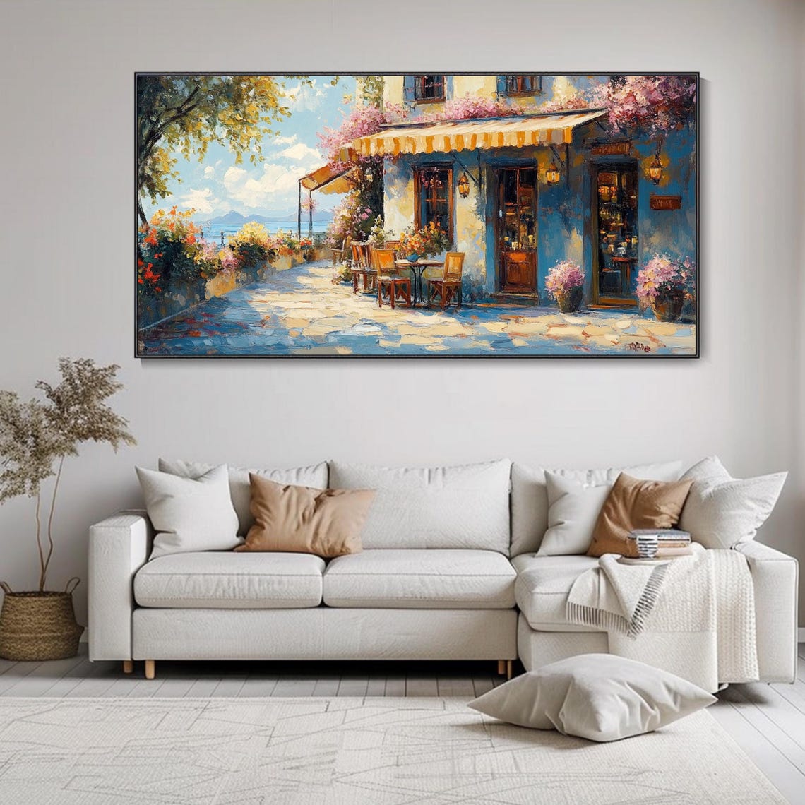 Mediterranean Seaside Cafe Blue Facade Coastal Holiday Painting Poster - Image 2