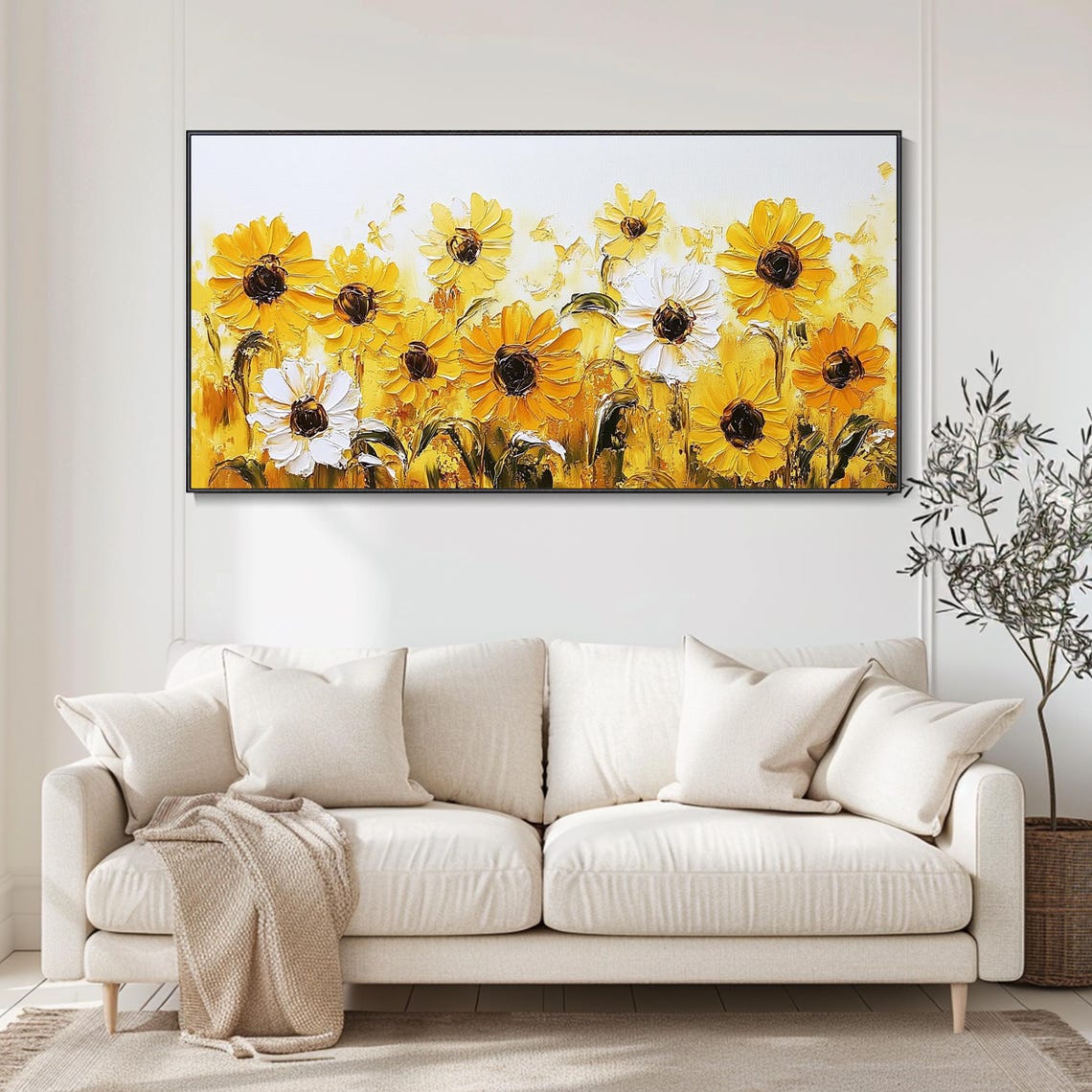 Bright Sunflower Field White Background Golden Impasto Floral Poster - Image 4