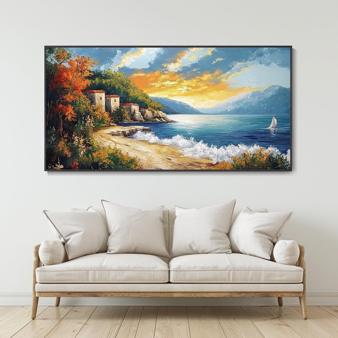 Mediterranean Coastal Village At Sunset Sailboat Waves Impasto Poster - Image 3
