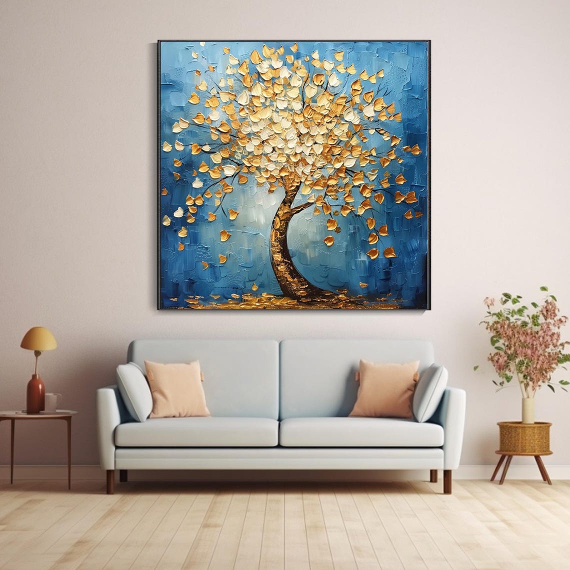 Golden Tree with Gilded Leaves Blue Background Textured Art Poster - Image 5