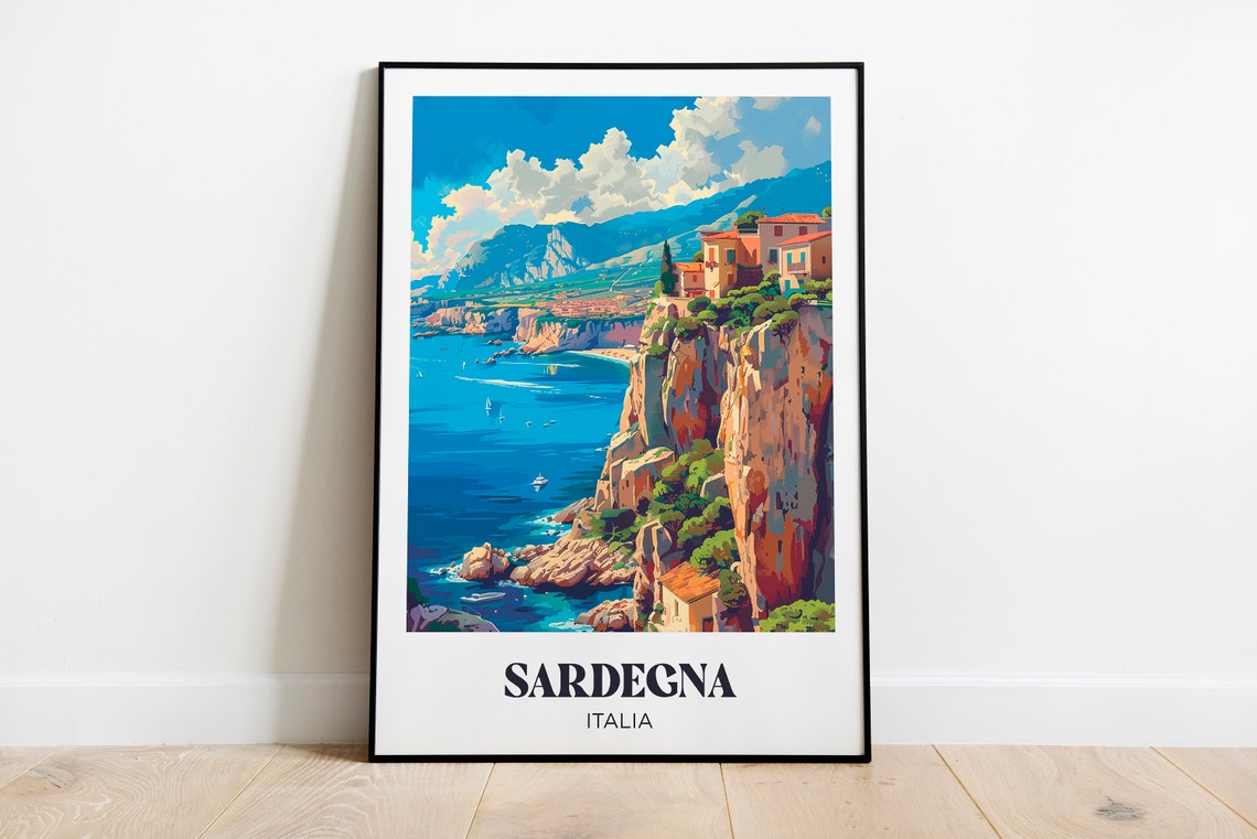 Sardegna Italia Dramatic Sea Cliffs Coastal Village Travel Poster