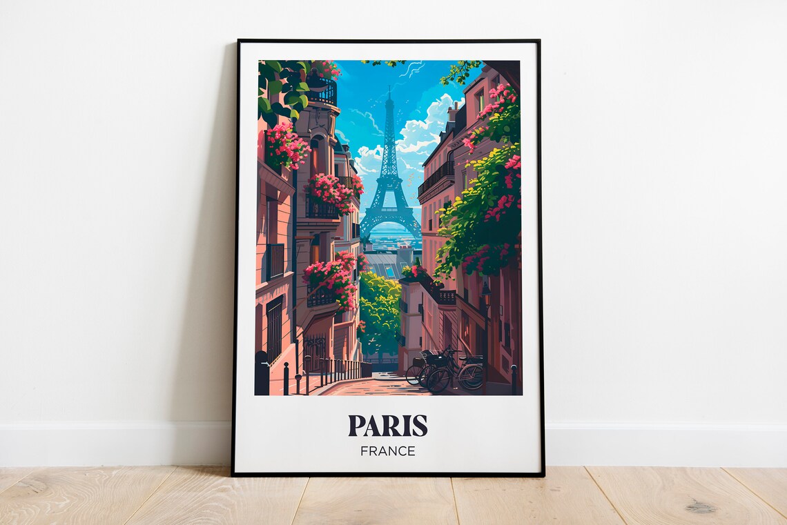 Paris France Eiffel Tower Flower Lined Street View Retro Travel Poster