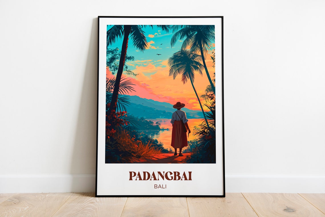 Padangbai Bali Sunset Palm Shore Traveler Silhouette Travel Poster