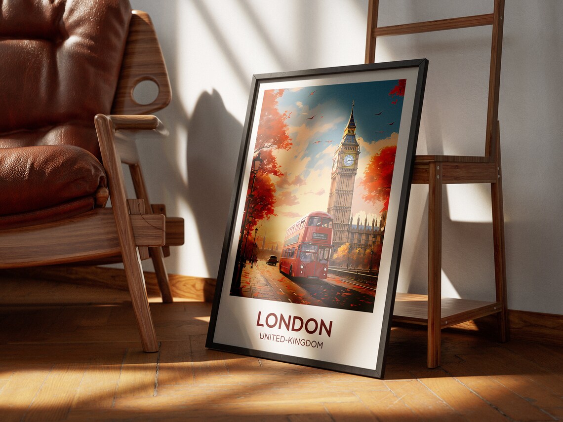 London Travel Poster, Big Ben Red Bus Watercolor Print - Image 2