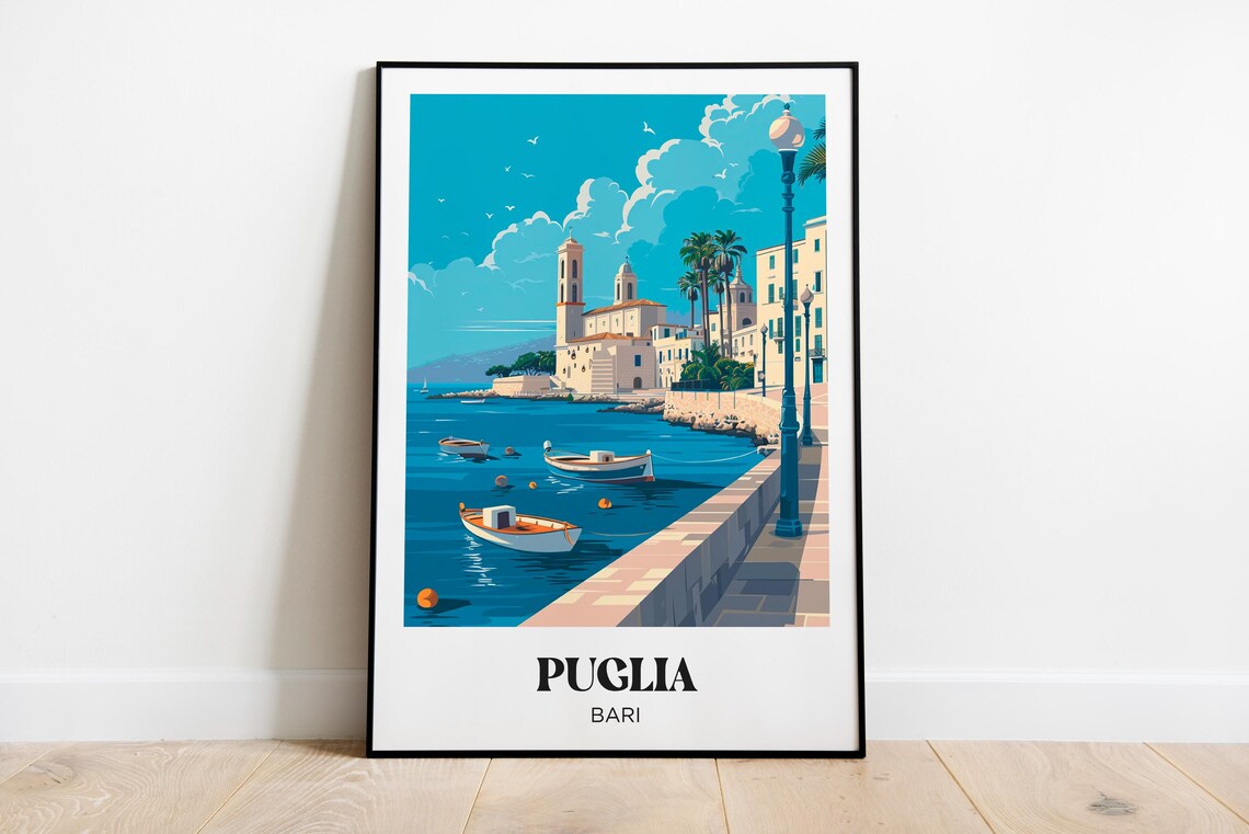 Bari Puglia Travel Poster, Italy Watercolor Decor