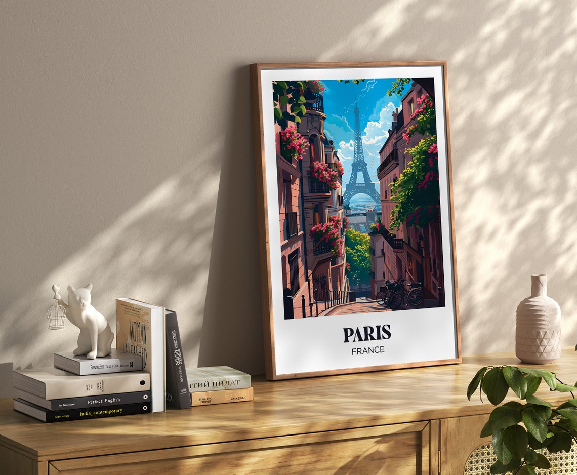 Paris France Eiffel Tower Flower Lined Street View Retro Travel Poster - Image 4