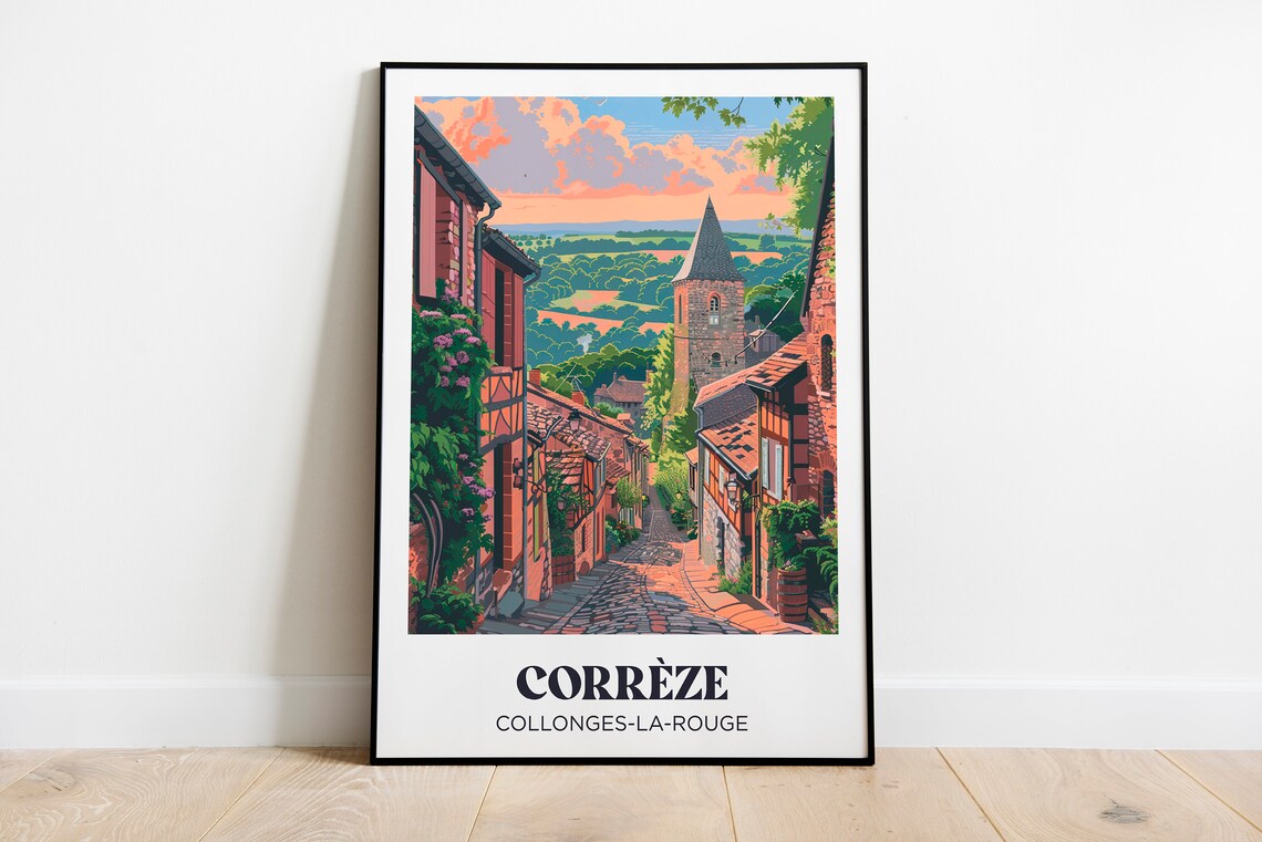 Correze Collonges la Rouge Village Street Sunset Retro Travel Poster