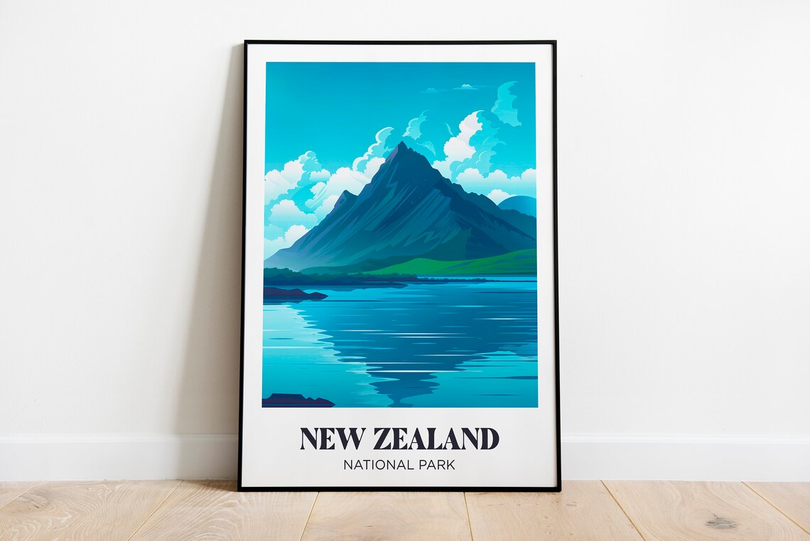 New Zealand National Park Mountain Peak Lake Mirror Travel Poster