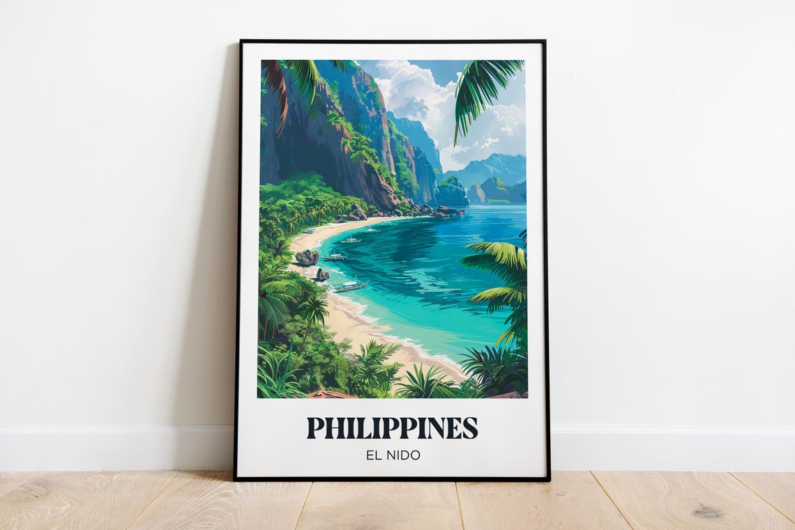 El Nido Philippines Limestone Cliffs Cove Boats Travel Poster